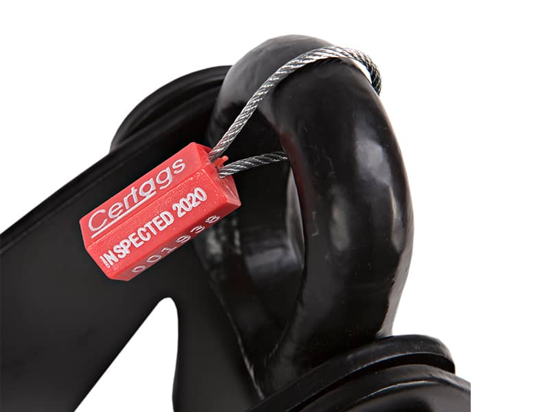 lifting and rigging inspection tags, wire rope tags, hex tag Lifting and rigging tags - red hextag with wire connected to equipment